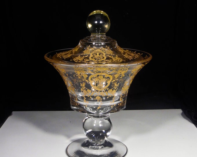 Elegant Era Glass Covered Candy Dish; Paden City Glass Company; #444, Vale (aka Alexander) Gold Encrusted Bridle Bouquet Etch #906 1940s