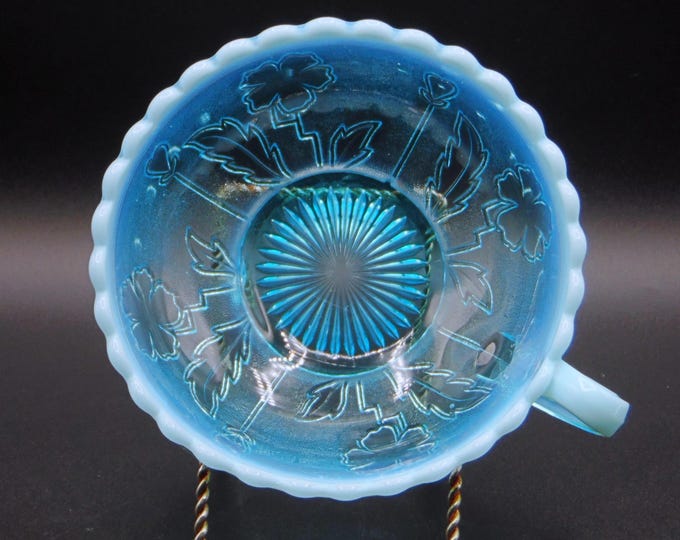 Early American Pressed Glass/Opalescent Glass Nappy, H Northwood Company, Mikado (OMN) aka Blooms and Blossoms; Flower and Bud, Blue, 1904