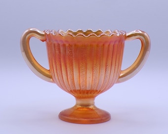 Carnival Glass Sugar Bowl, Fenton Art Glass Company, Stippled Ray, Marigold, ca 1908