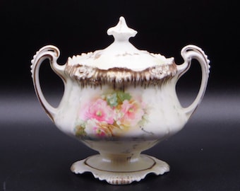 RS Prussia Porcelain Sugar Bowl: Pink Roses, Gold Trim, Icicle Mold