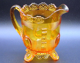 Early American Pressed Glass Table Creamer, Indiana Tumbler and Goblet Co, Dewey (OMN) aka Flower Flange; Amber; 1898