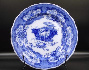 Antique Flow Blue Dinner Plate, Doulton Pottery, Farm Animal Decor