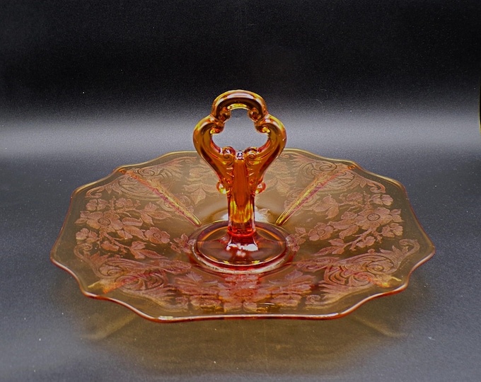 Elegant Era Glass Center Handle Server, Cambridge Glass Company, Line 3400 Shape 10 with Etch 744, Apple Blossom, Amber, 1930s