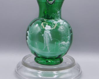 Bohemian/Victorian Art Glass Milk Pitcher, Unspecified Maker, "Mary Gregory" Glass, Green, Boy With Balloon, 1880 - 1900
