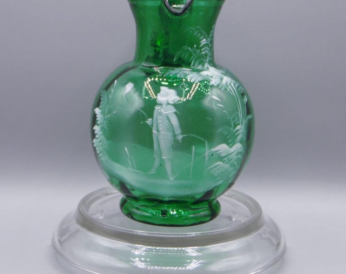 Bohemian/Victorian Art Glass Milk Pitcher, Unspecified Maker, "Mary Gregory" Glass, Green, Boy With Balloon, 1880 - 1900