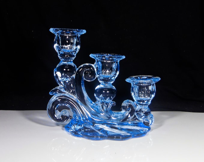 Elegant Era Glass 3 Light Candle Holder, Cambridge Glass Company, Caprice, Moonlight Blue, 1939 - 1953