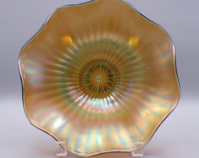 Carnival Glass Ruffled Bowl; H. Northwood Company; Smooth Rays, Green with Marigold Overlay; 1908 - 1910