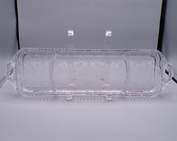 Elegant Era Glass 3 Part Relish Tray, Cambridge Glass Comp, Line 3500, Gadroon, Shape 112, with Rose Point Etch, 1934 - 1958