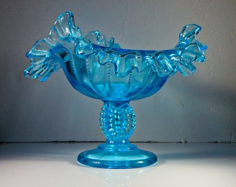 Vintage Glass Whimsey Compote, L G Wright Glass Company, Beaded Panel, Light Blue, c 1960s