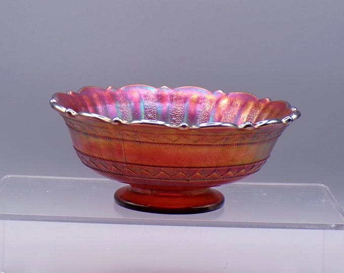 Carnival Glass Sauce Dish, Fenton Art Glass Company, Stippled Ray, Red, c 1908