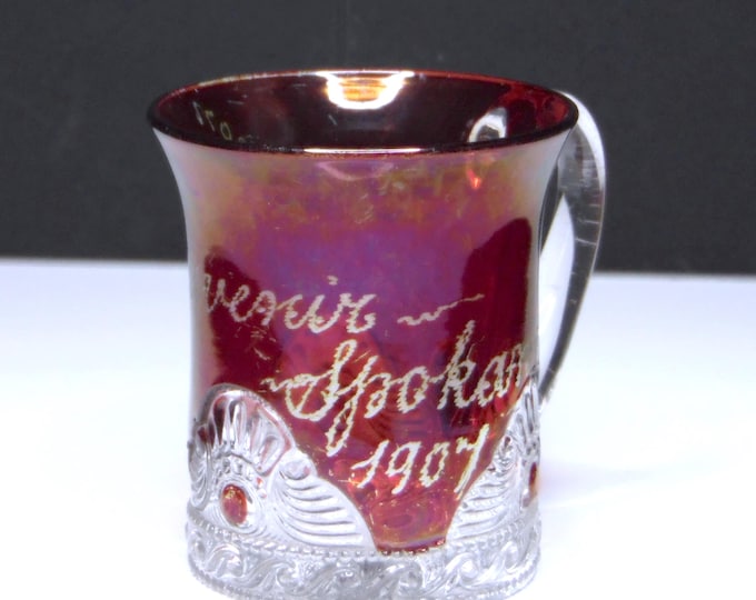 Early American Pressed Glass Souvenir Mug: Ruby Stained Spokane