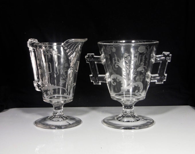Early American Pressed Glass Sugar And Creamer, McKee And Brothers, Berlin (OMN) AKA Angular, 1880
