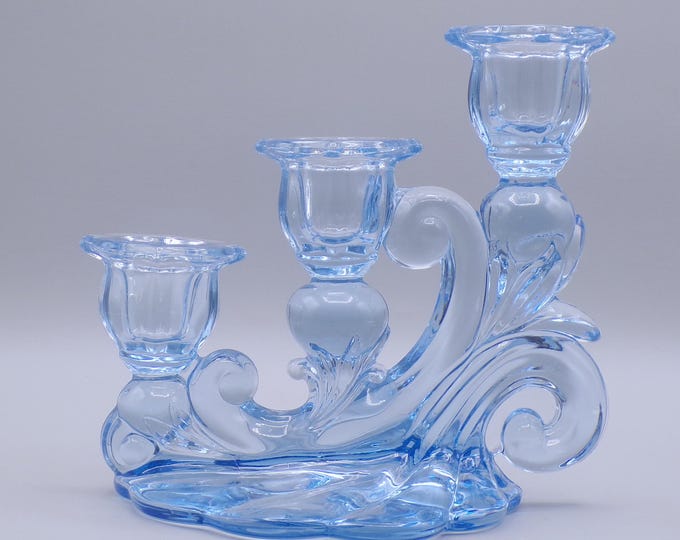 Elegant Era Glass 3 Light Candle Holder, Cambridge Glass Company, Caprice, Moonlight Blue, 1939 - 1953