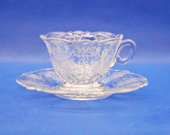 Elegant Era Glass Cup and Saucer A H Heisey Glass Co; #1509 Queen Anne with Etch 502 Crinoline; 1939-1950