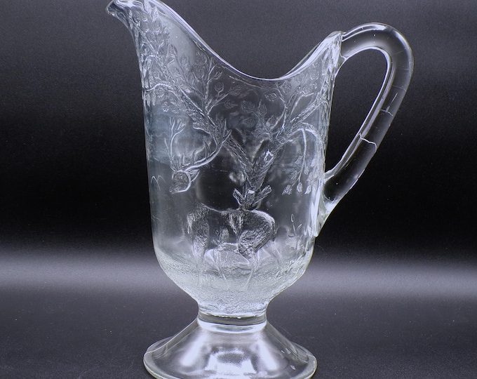 Early American Pressed Glass Pitcher: Deer and Oak Tree Design, c1896