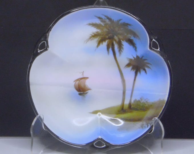 Noritake Porcelain Bon Bon Dish: Hand-Painted Boat & Lake Scene, Japan (1921-1924)