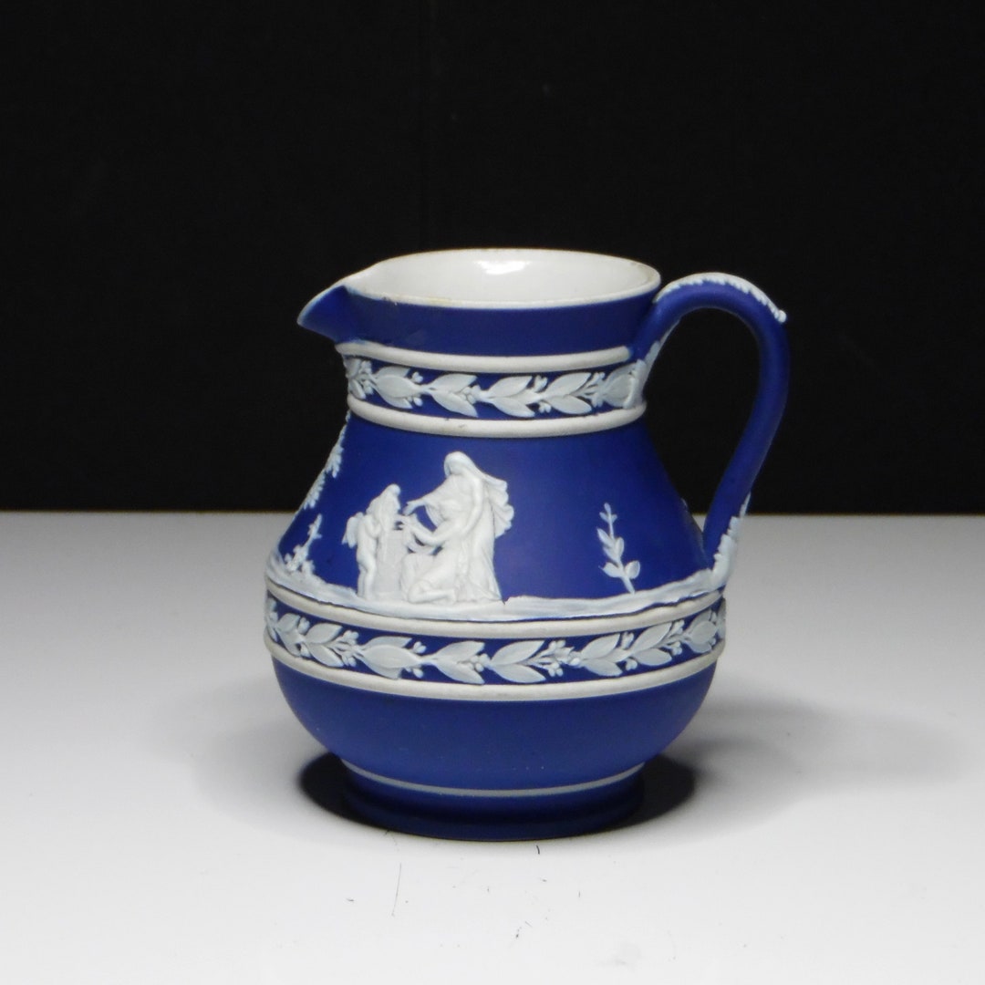 Pottery Etruscan Jug, Wedgwood Pottery, England, Cobalt Jasperware, Cupid Asleep/three Graces C