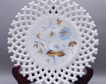 Vintage Milk Glass Sandwich Plate, Westmoreland Glass Company, Lattice Edge, 1950 - 1968.