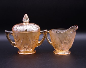 Vintage Glass Covered Sugar and Creamer, Jeanette Glass Company, Iris a/k/a Iris and Herringbone, Iridescent 1928 - 1932