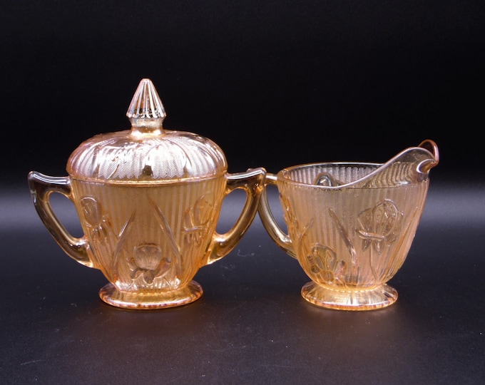 Vintage Glass Covered Sugar and Creamer, Jeanette Glass Company, Iris a/k/a Iris and Herringbone, Iridescent 1928 - 1932