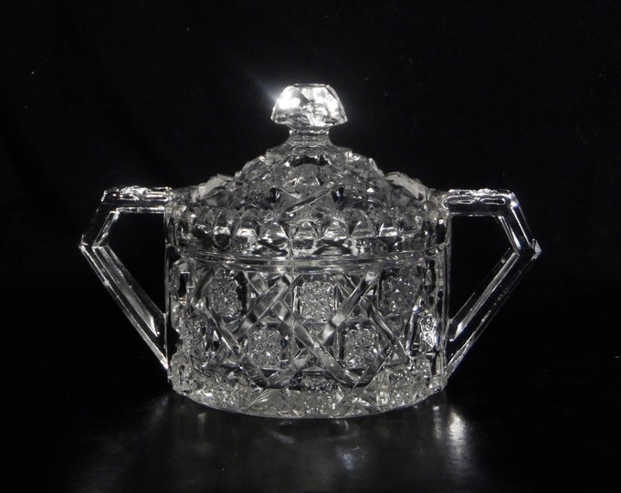 Early American Pressed Glass Covered Table Sugar, Cambridge Glass Company, Cambridge #2653; Ribbon (OMN) 1908