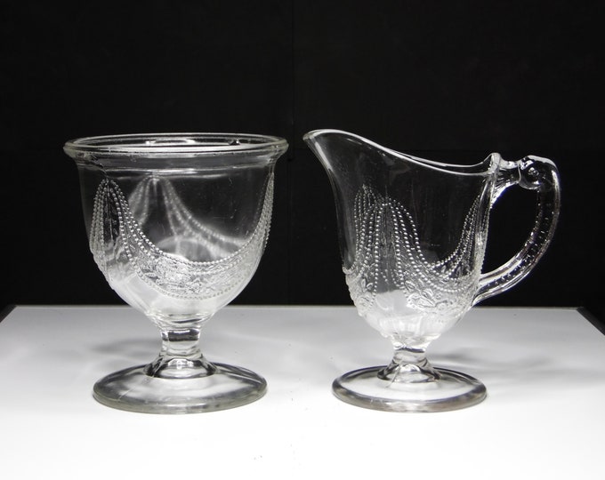 Early American Pressed Glass Sugar and Creamer, Co-Operative Flint Glass Co, Ltd; Garfield Drape (AKA) aka Canadian Drape; c 1881