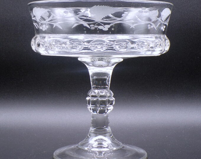 Early American Pressed Glass Compote, Ripley And Company (2nd) Dakota (OMN) AKA Baby Thumbprint With Engraving #76 c 1885