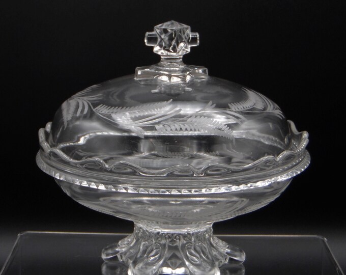 Early American Pressed Glass Butter/Cheese/Honey Dish O'Hara Glass Co, Ltd Crystal Wedding (OMN) a/k/a Box Pleat' Corinthian; Etched, 1875