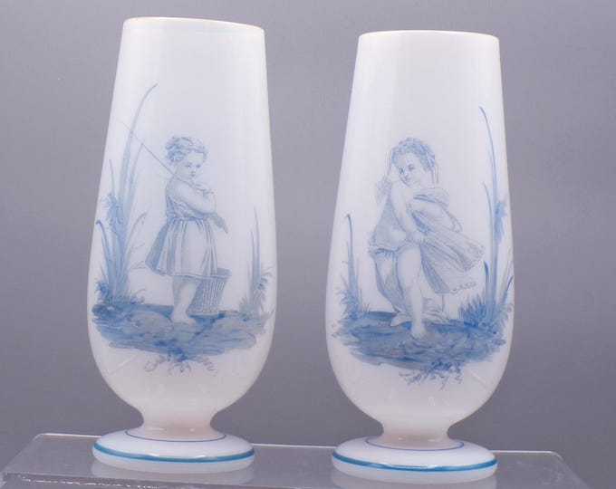 Opaque Glass Vases, possibly French or Bohemian, Cherubic Children in Blue ca 1880s/90s