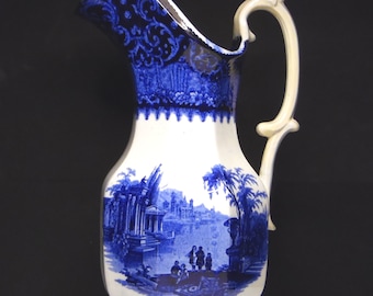 Antique Flow Blue Pottery Pitcher: Temple Pattern, Greco-Roman Ruins
