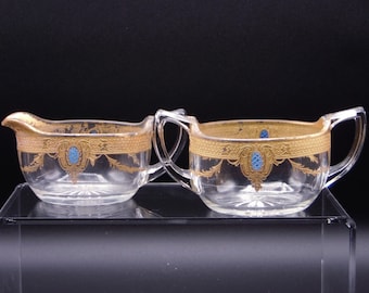Elegant Era Glass Sugar And Creamer Duncan And Miller Line 29 Unknown Decoration By Wheeling Decorating Corporation ca 1920's.