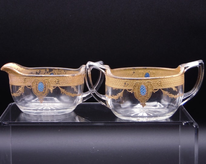Elegant Era Glass Sugar And Creamer Duncan And Miller Line 29 Unknown Decoration By Wheeling Decorating Corporation ca 1920's.