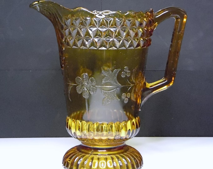 Early American Pressed Glass Water Pitcher: Amber Wildflower, Adams & Co. 1880s