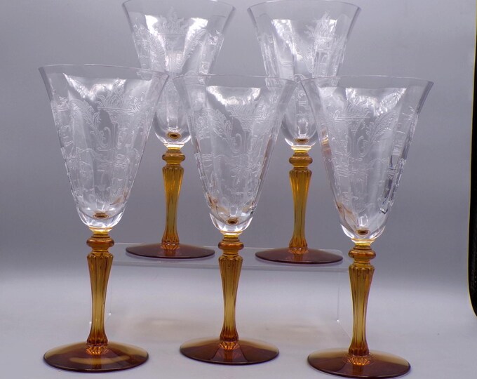 Elegant Era Glass Water Goblet, Tiffin Glass Company, Stem #15011, Julia Etch, Amber Stem 1920s