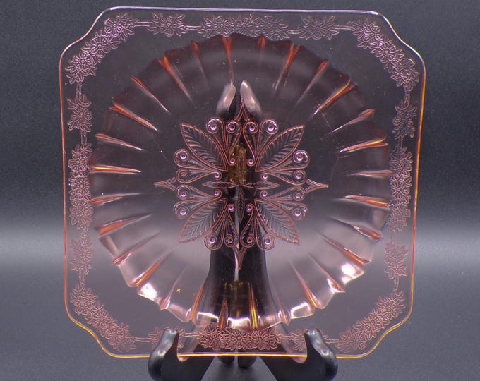 Depression Glass Square Salad Plate, Jeannette Glass Company, Adam, Pink, 1932 - 1934