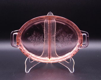 Depression Glass Relish Dish, 2 Part, Jeannette Glass Company, Floral, Pink 1931 - 1935
