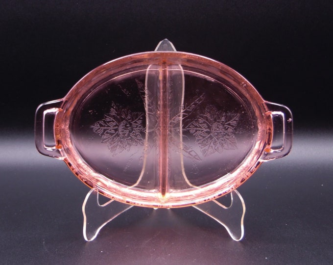Depression Glass Relish Dish, 2 Part, Jeannette Glass Company, Floral, Pink 1931 - 1935