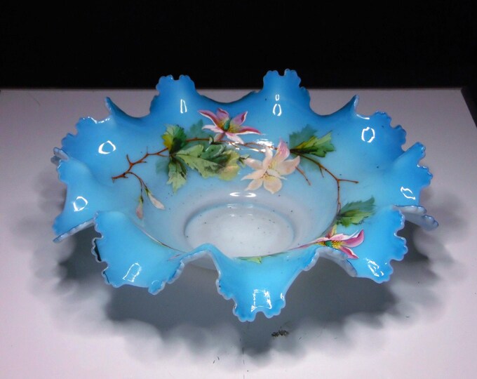 Victorian Era Brides Bowl, European, Blue Opaque, Hand Painted Floral c 1880s