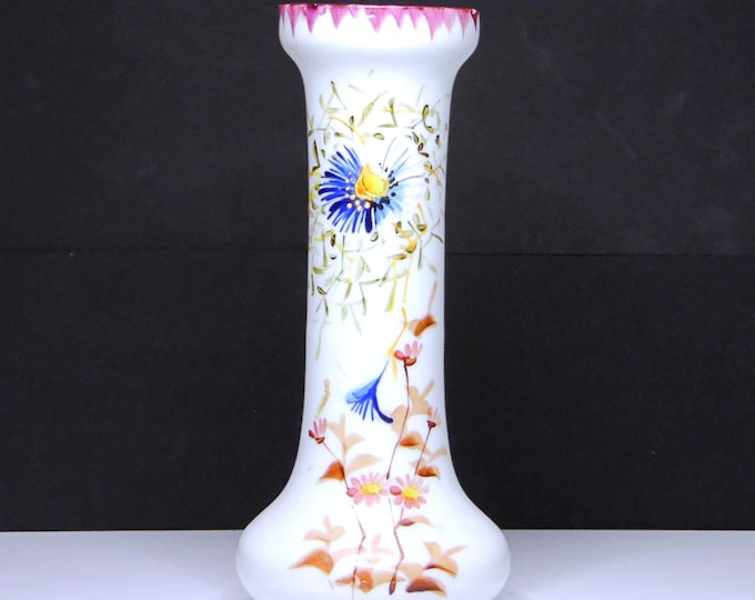 Opaline/Opaque/Milk Glass Bud Vase, unknown maker, hand painted, c 1900