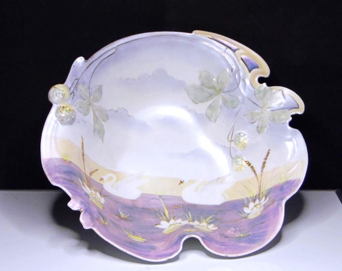 RS Prussia Porcelain Bowl: Buckeye Mold, Swans on Lake Decor, Satin Finish