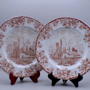 Antique Copeland Pottery Luncheon Plates: Brown Acora Pattern, 1881