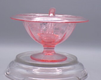 Elegant Era Glass Whipped Cream/Mayonnaise Bowl with Ladle, Cambridge Glass Co, unknown line, with Etch E517/E713, Early Wildflower, 1920s