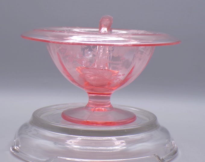 Elegant Era Glass Whipped Cream/Mayonnaise Bowl with Ladle, Cambridge Glass Co, unknown line, with Etch E517/E713, Early Wildflower, 1920s