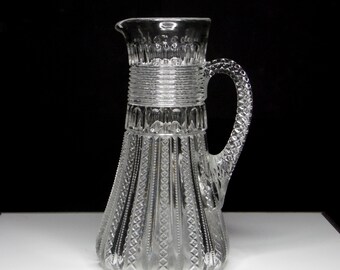 Early American Pressed Glass Tankard Pitcher, George Duncan Sons and Company, GDS #42C (OMN) aka Mardi Gras with Threaded Neck c 1898