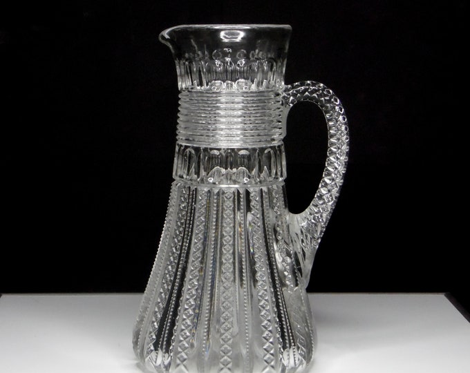 Early American Pressed Glass Tankard Pitcher, George Duncan Sons and Company, GDS #42C (OMN) aka Mardi Gras with Threaded Neck c 1898