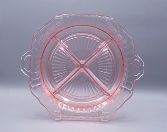 Depression Glass 4-Part Relish Dish, Hocking Glass Company, Mayfair, Pink, 1931 - 1937