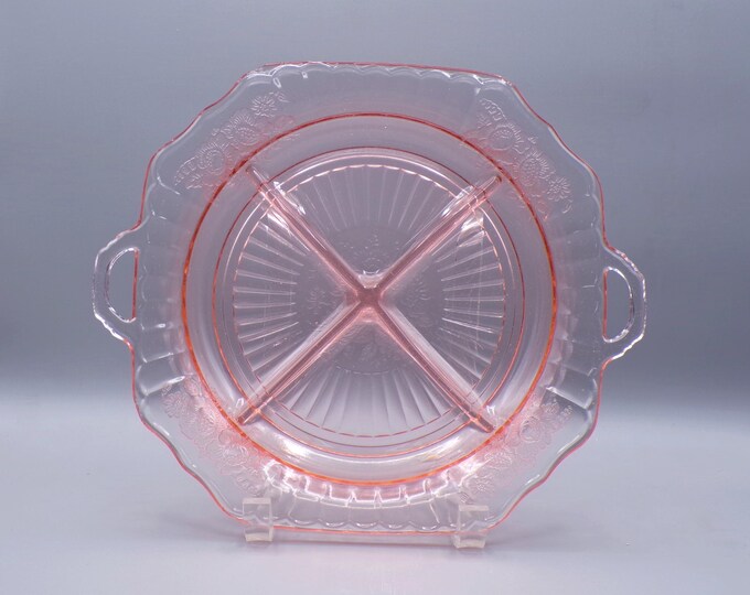 Depression Glass 4-Part Relish Dish, Hocking Glass Company, Mayfair, Pink, 1931 - 1937