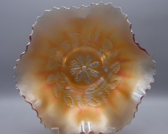 Vintage Marigold Carnival Glass Bowl: Dugan Cosmos Variant, Ruffled Rim