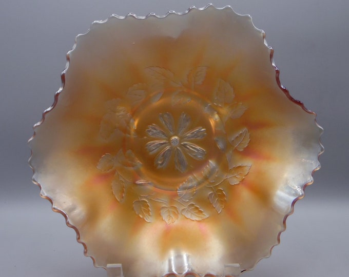 Carnival Glass Bowl Dugan/Diamond Glass, Cosmos Variant Variant, Marigold, 1921 - 1927