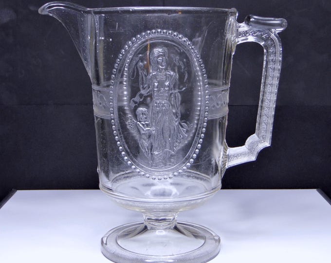 Early American Pressed Glass Pitcher: Cupid and Venus, Minerva, c1880